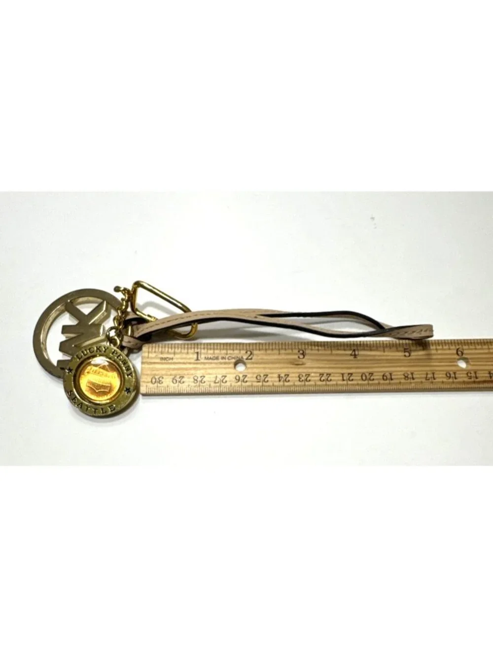 Michael Kors MK Monogram with Penny Logo Bag Charm Key Fob Gold with Tan Leather